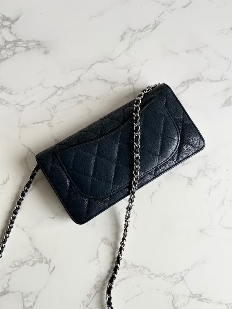 中古二手Chanel黑色魚子醬皮革WOC長夾錢包斜背側孭單肩鏈條手袋