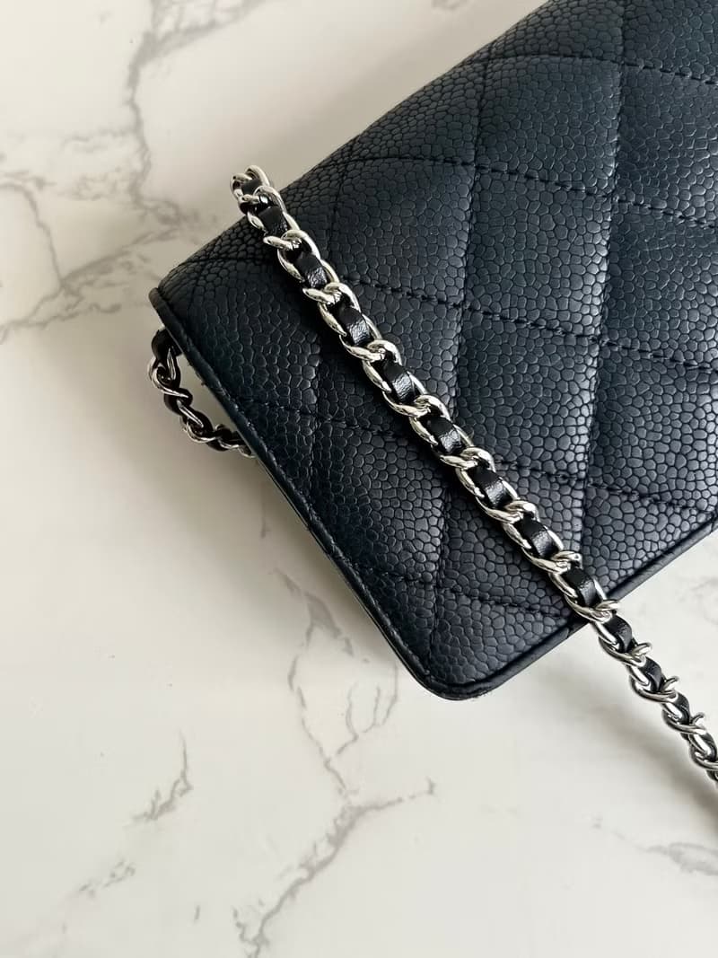 中古二手Chanel黑色魚子醬皮革WOC長夾錢包斜背側孭單肩鏈條手袋