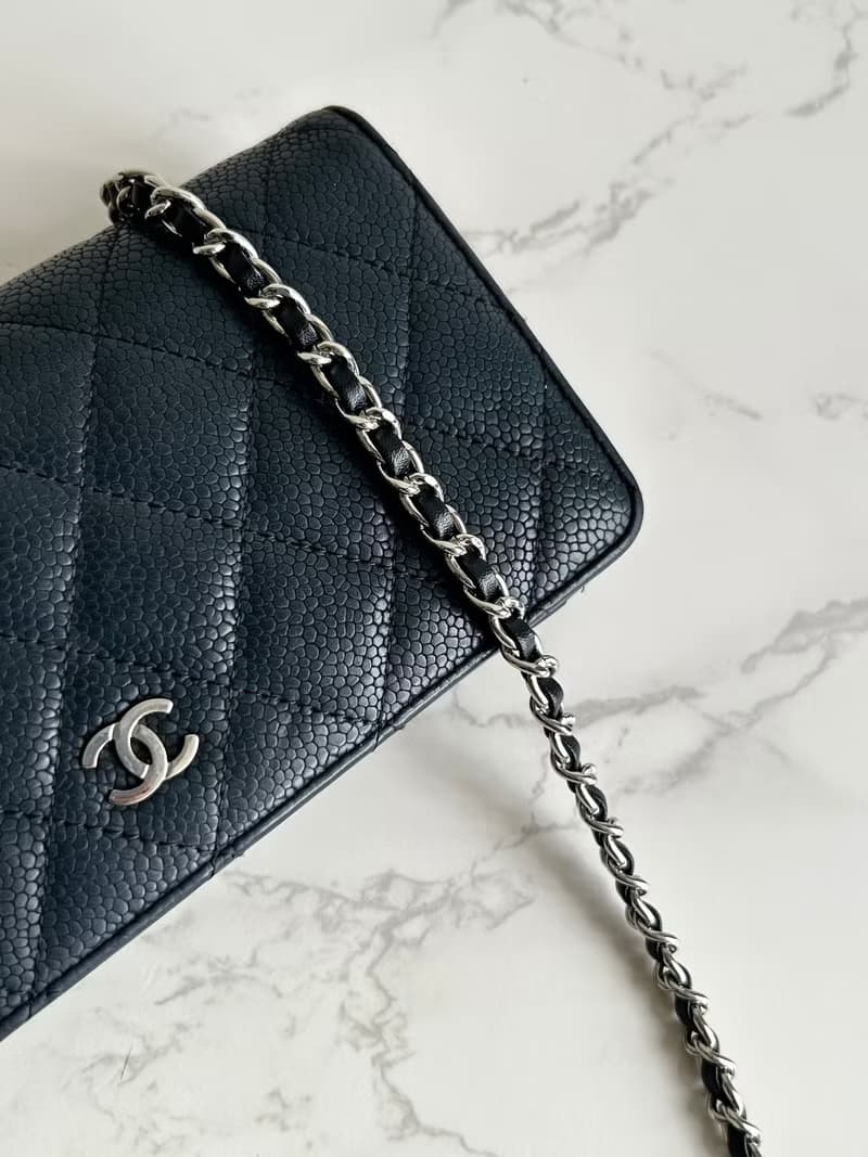 中古二手Chanel黑色魚子醬皮革WOC長夾錢包斜背側孭單肩鏈條手袋