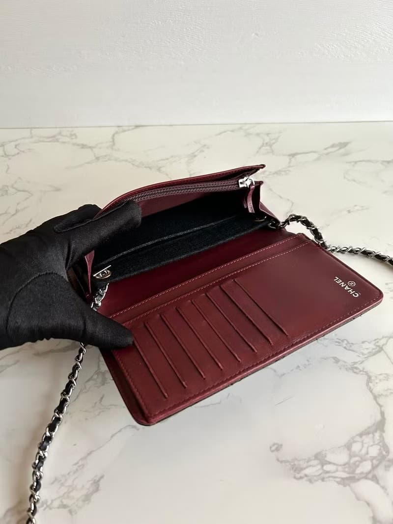 中古二手Chanel黑色魚子醬皮革WOC長夾錢包斜背側孭單肩鏈條手袋