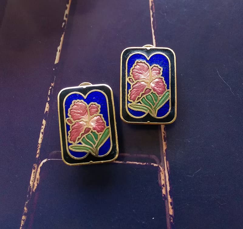 Vintage Jewelry 西洋古董飾品 方款優雅 花卉 景泰藍 夾式耳環