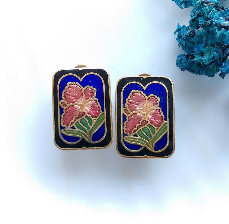 Vintage Jewelry 西洋古董飾品 方款優雅 花卉 景泰藍 夾式耳環