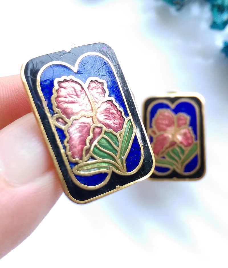 Vintage Jewelry 西洋古董飾品 方款優雅 花卉 景泰藍 夾式耳環