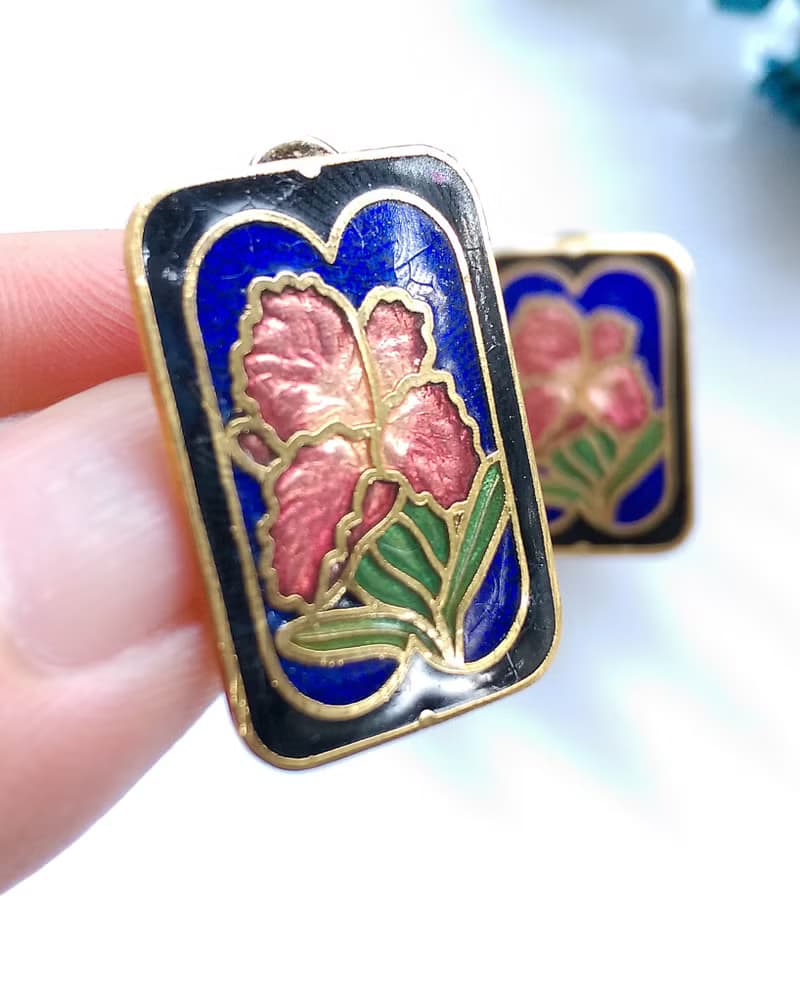 Vintage Jewelry 西洋古董飾品 方款優雅 花卉 景泰藍 夾式耳環