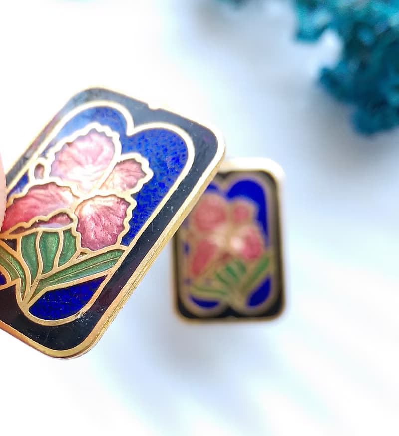 Vintage Jewelry 西洋古董飾品 方款優雅 花卉 景泰藍 夾式耳環