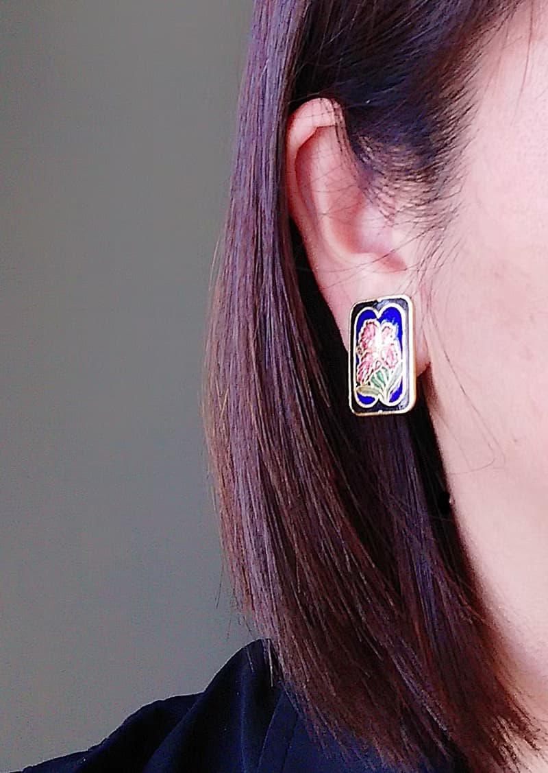 Vintage Jewelry 西洋古董飾品 方款優雅 花卉 景泰藍 夾式耳環