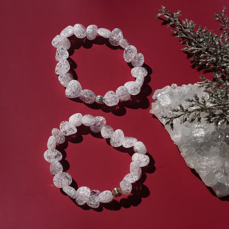 虹に煌めく　爆裂水晶のコルゲートブレスレット　銀花