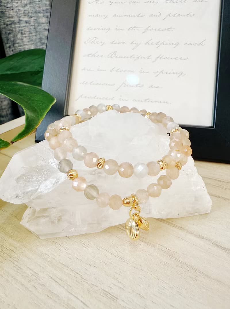 鑽切絲絨光澤橙月光石/灰月光石 手作設計款能量水晶手鍊雙圈款