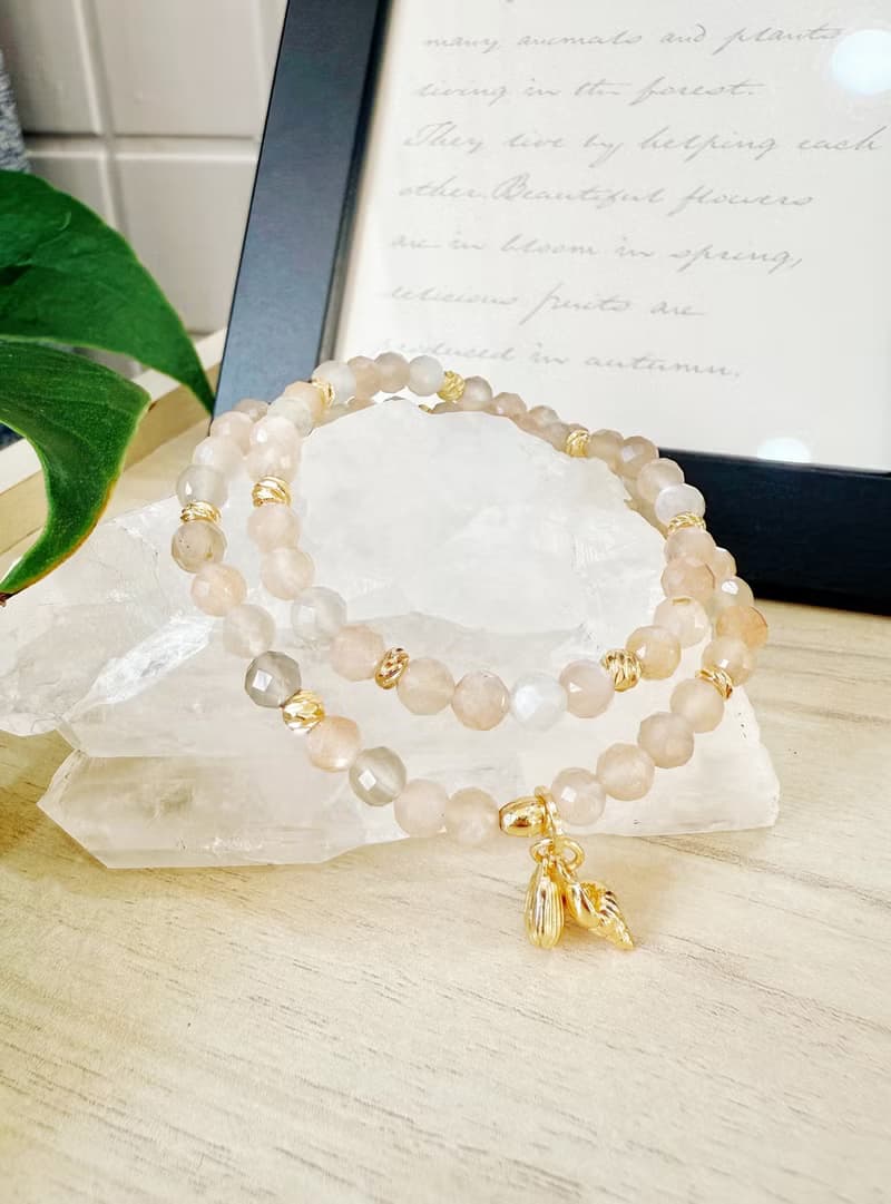 鑽切絲絨光澤橙月光石/灰月光石 手作設計款能量水晶手鍊雙圈款