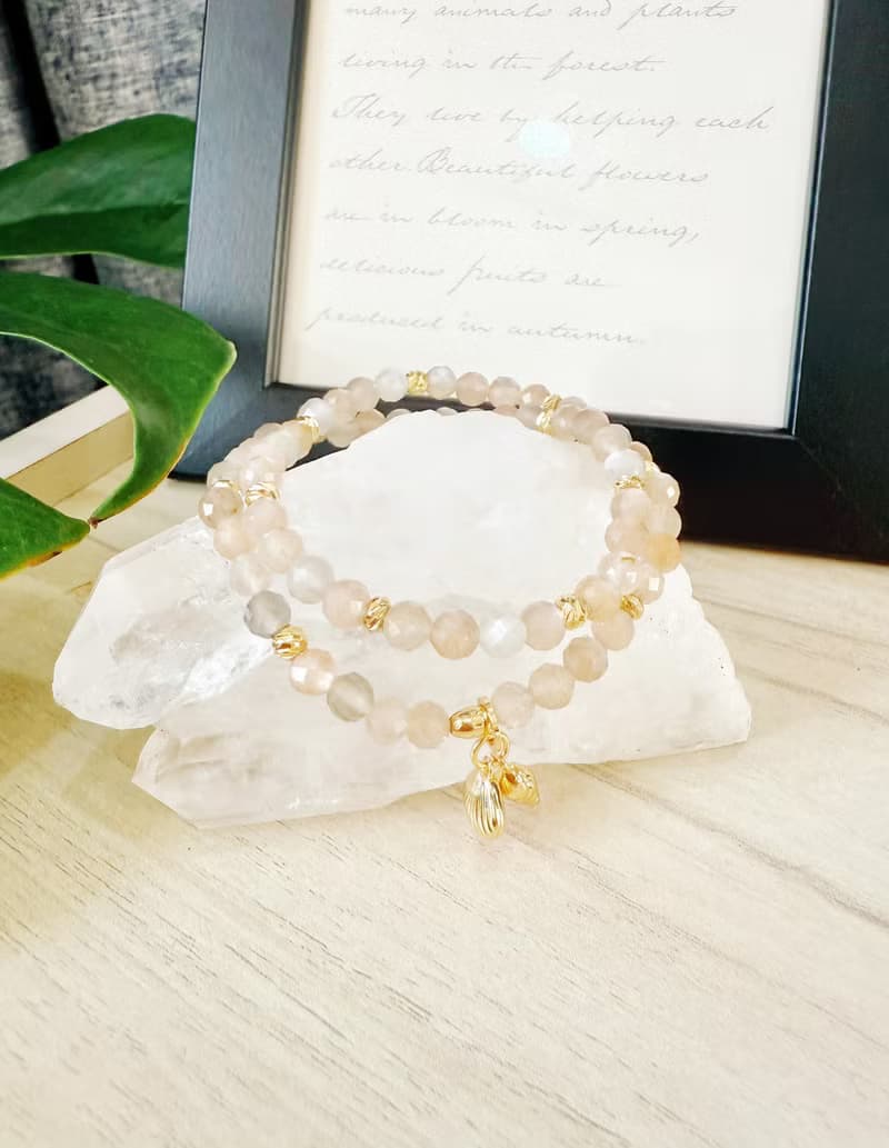 鑽切絲絨光澤橙月光石/灰月光石 手作設計款能量水晶手鍊雙圈款