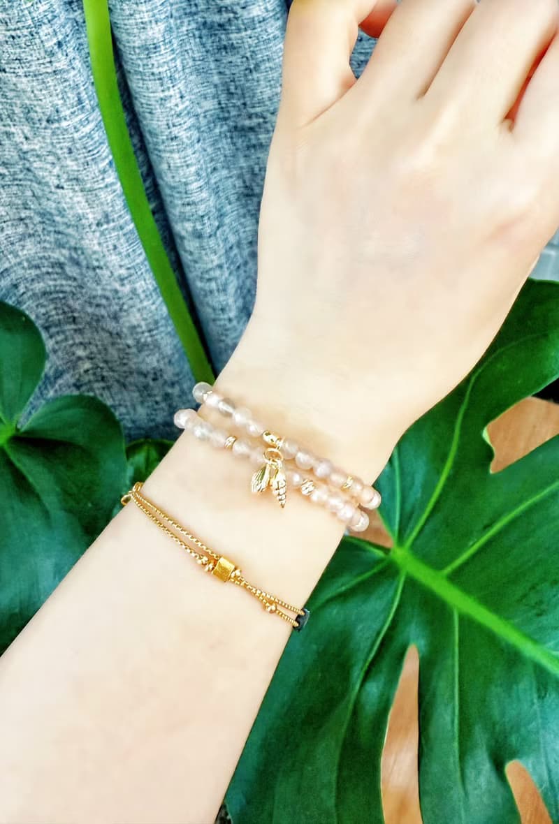 鑽切絲絨光澤橙月光石/灰月光石 手作設計款能量水晶手鍊雙圈款