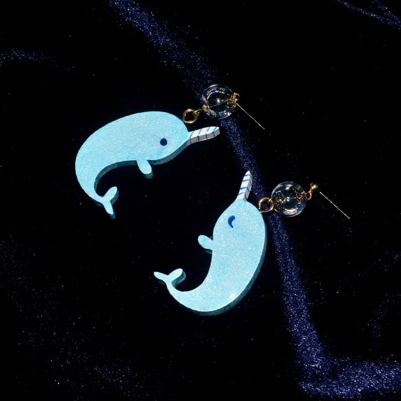 自由海洋 藍色獨角鯨不對稱表情設計耳環耳飾 海洋生物