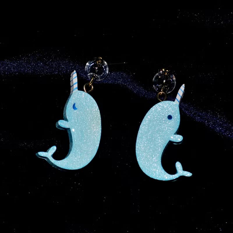 自由海洋 藍色獨角鯨不對稱表情設計耳環耳飾 海洋生物
