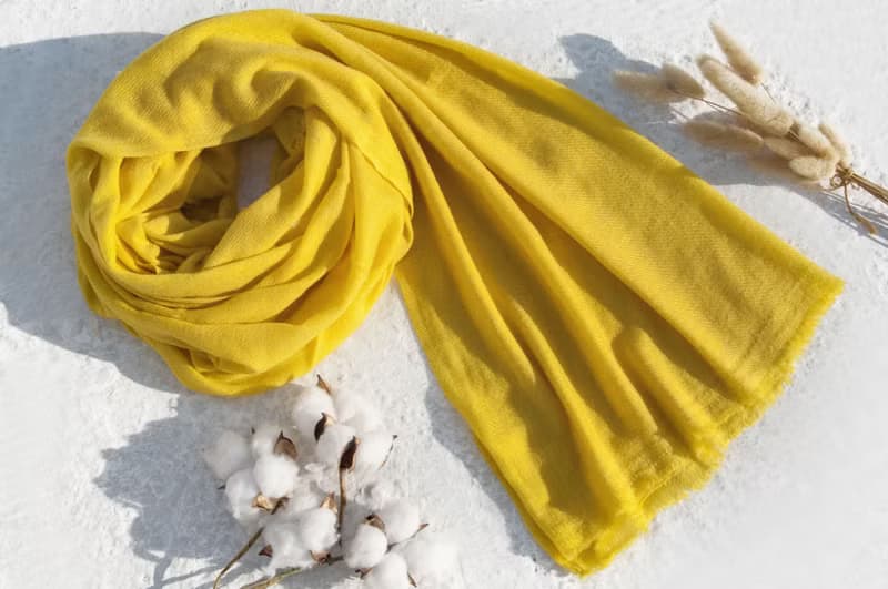 Pashmina 羊絨圍巾 編織圍巾 手工編織 喀什米爾Cashmere/羊絨圍巾/純羊毛圍巾披巾/戒指絨披肩-陽光黃色