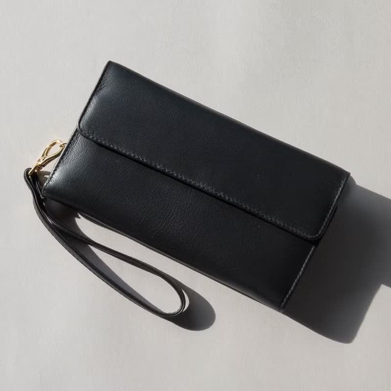 HAPPY - MINIMAL SOFT COW LEATHER PURSE/LONG WALLET-BLACK