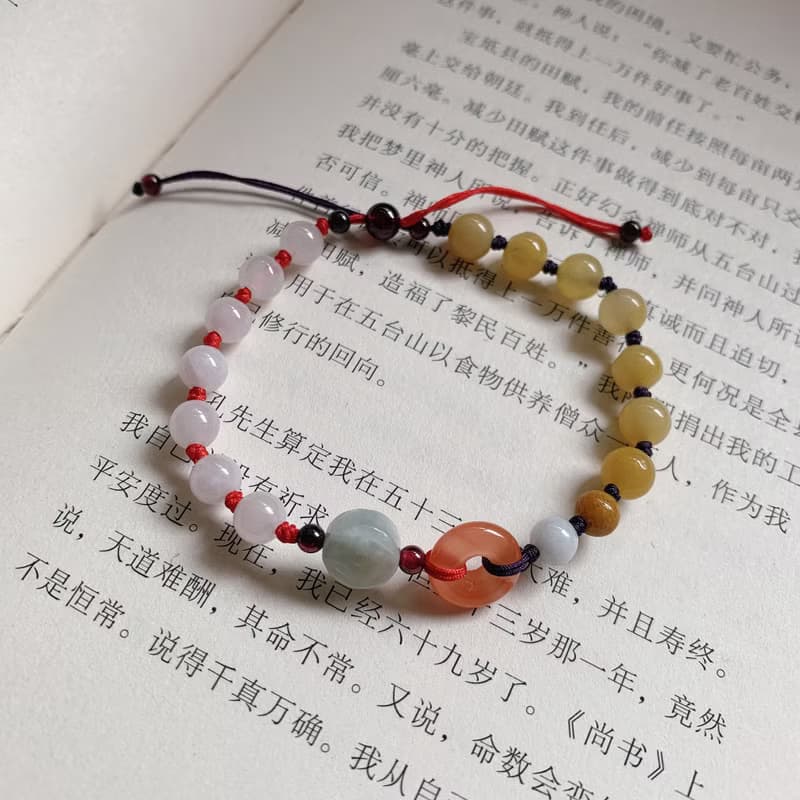 手作 春將至。天然黃翡翠復古編織手繩 南紅 玉錢雕刻 平安手鏈