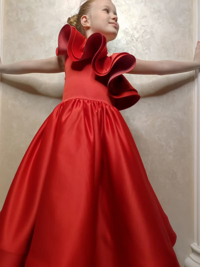 satin flower girl red dress for wedding, birthday, concerts