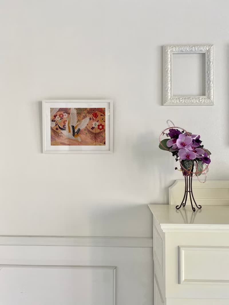 色打掛からつくるアートパネル　vintage fabric 和モダン 和風インテリア 鶴 プレゼント 結婚祝 新築祝 長寿祝 縁起物 額装インテリア　036