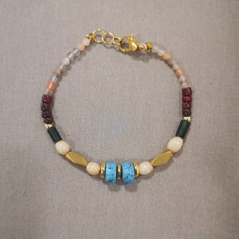 土耳其藍 復古vibe手鍊 黃銅 琉璃 水晶 半寶石 古著