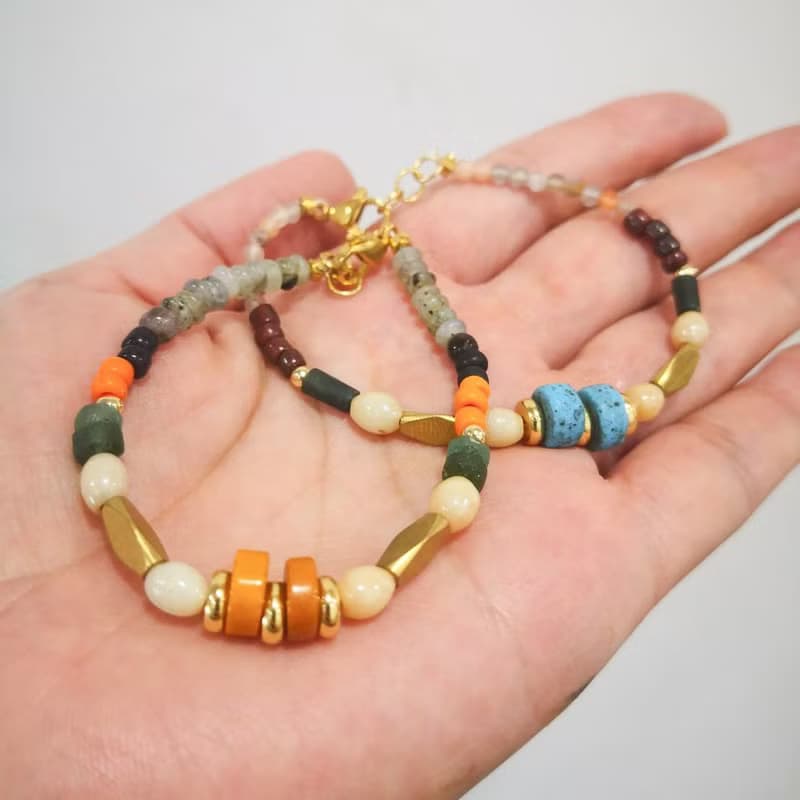 土耳其藍 復古vibe手鍊 黃銅 琉璃 水晶 半寶石 古著
