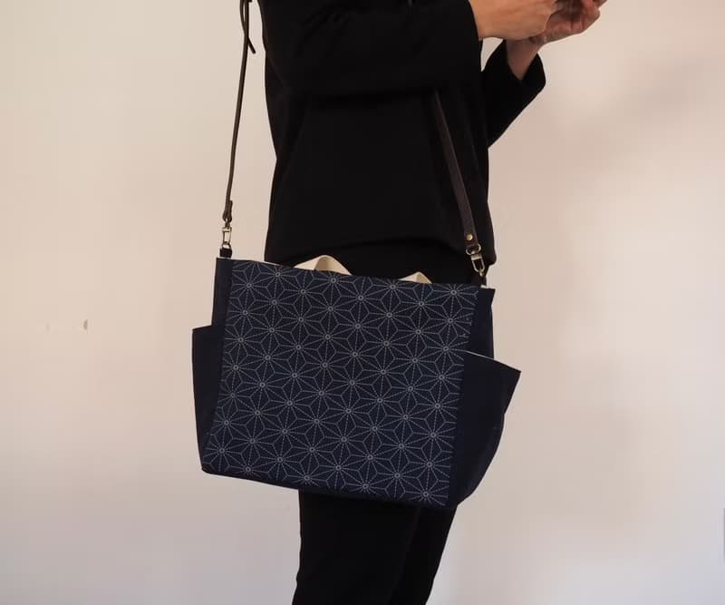 原創手工縫製托特側肩包帆布包 和風六角星型圖案