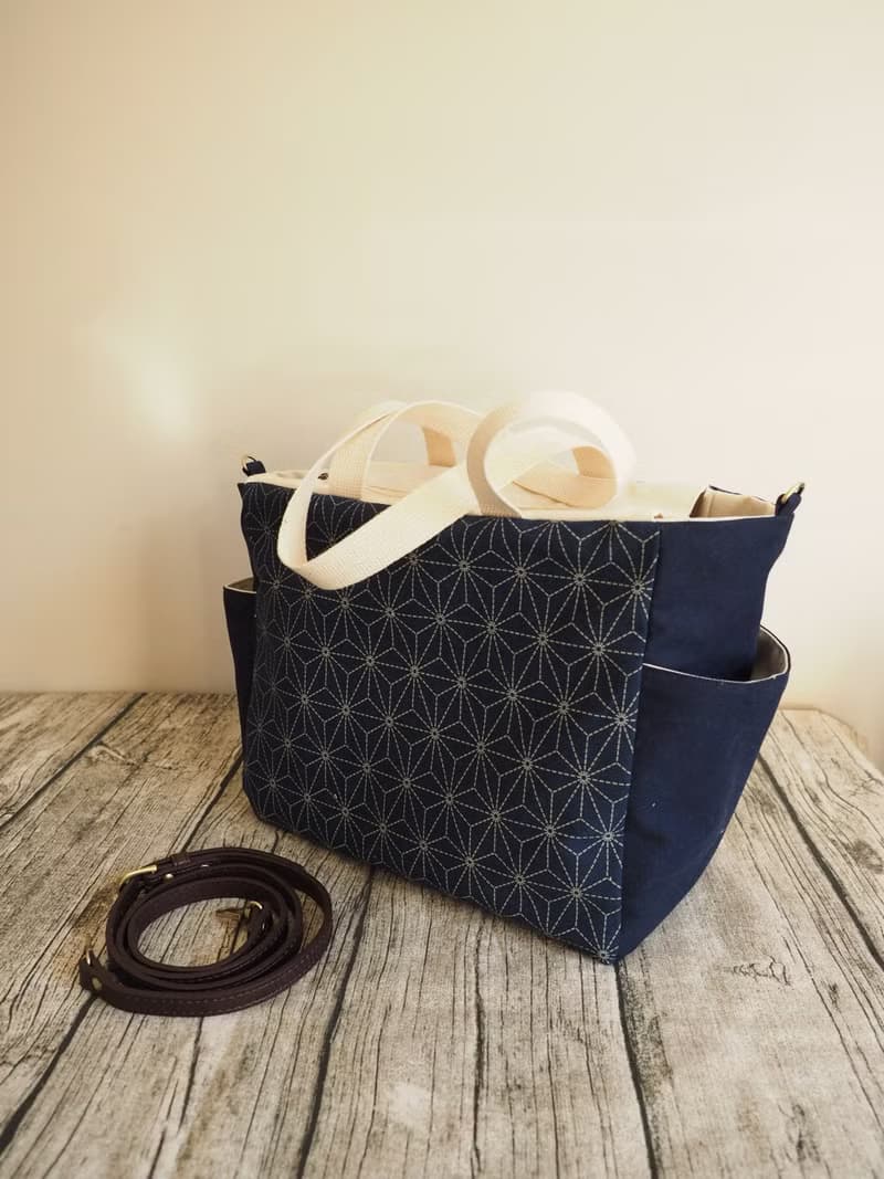 原創手工縫製托特側肩包帆布包 和風六角星型圖案