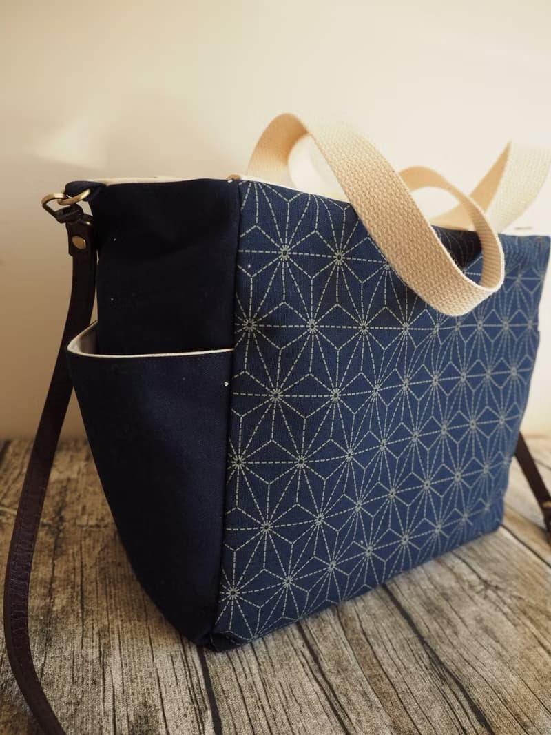 原創手工縫製托特側肩包帆布包 和風六角星型圖案