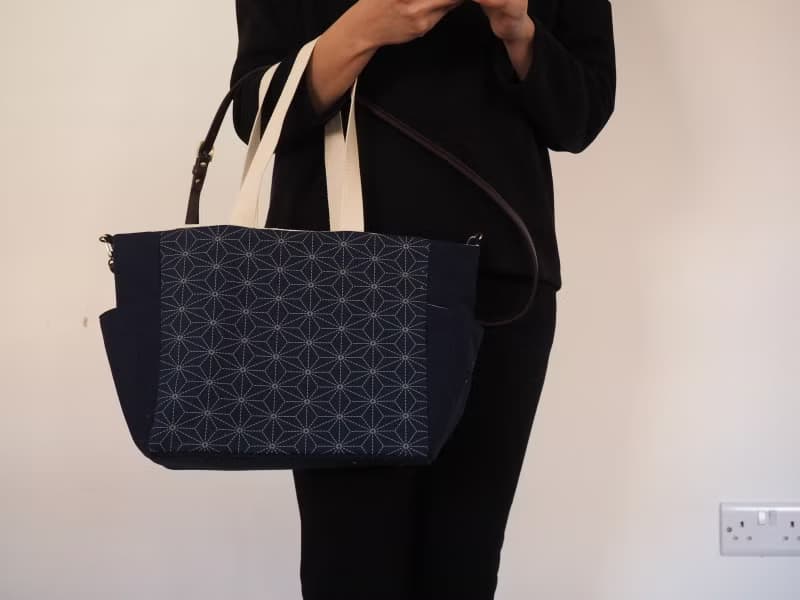原創手工縫製托特側肩包帆布包 和風六角星型圖案