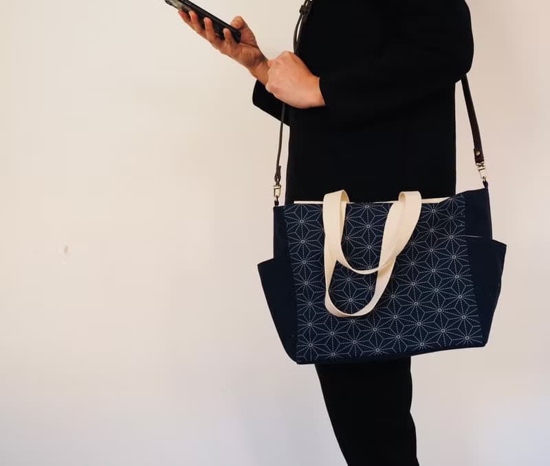 原創手工縫製托特側肩包帆布包 和風六角星型圖案