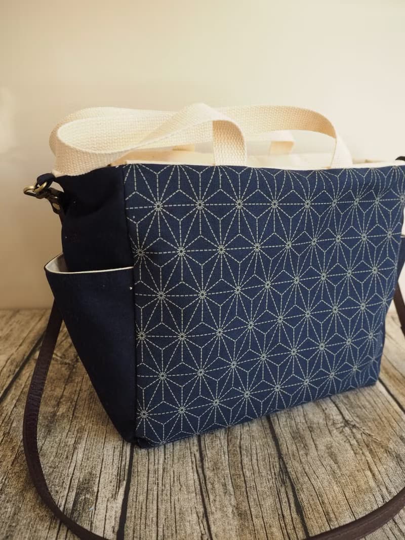 原創手工縫製托特側肩包帆布包 和風六角星型圖案