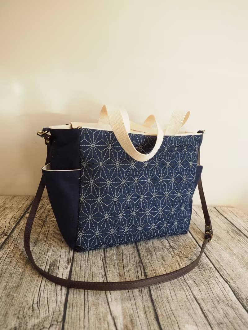原創手工縫製托特側肩包帆布包 和風六角星型圖案