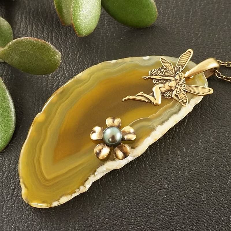 Yellow Agate Slice Slab Brass Fairy Flower Pendant Necklace Woman Jewelry Gift