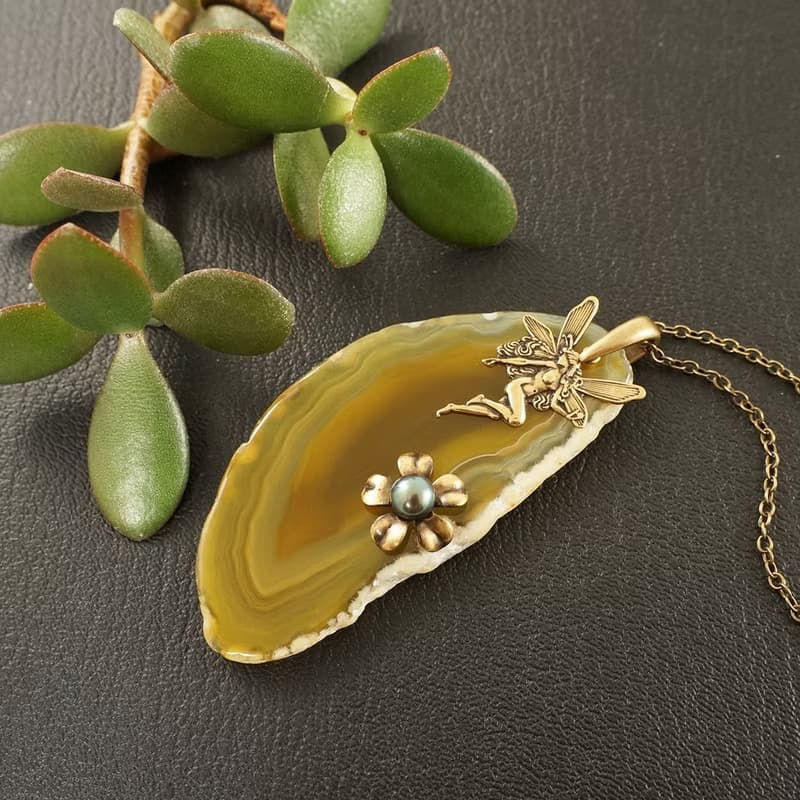 Yellow Agate Slice Slab Brass Fairy Flower Pendant Necklace Woman Jewelry Gift