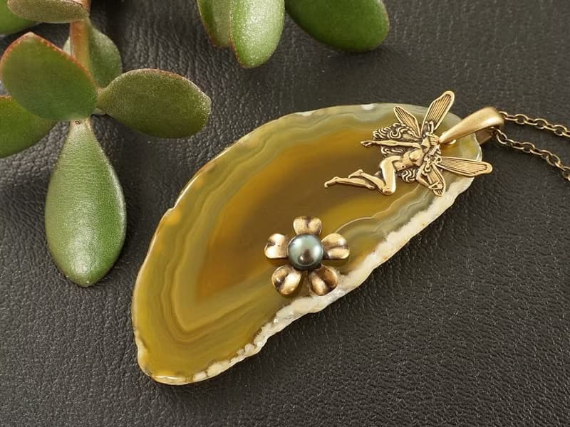 Yellow Agate Slice Slab Brass Fairy Flower Pendant Necklace Woman Jewelry Gift