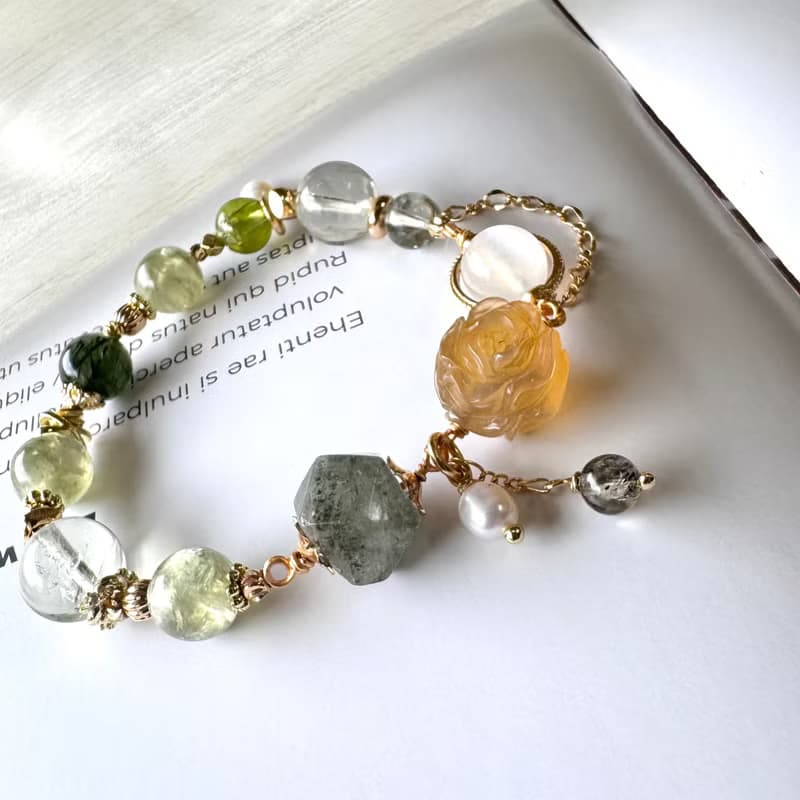 阿拉善玫瑰花設計 綠幽靈 橄欖石 綠祖母晶 月光石 招財助事業