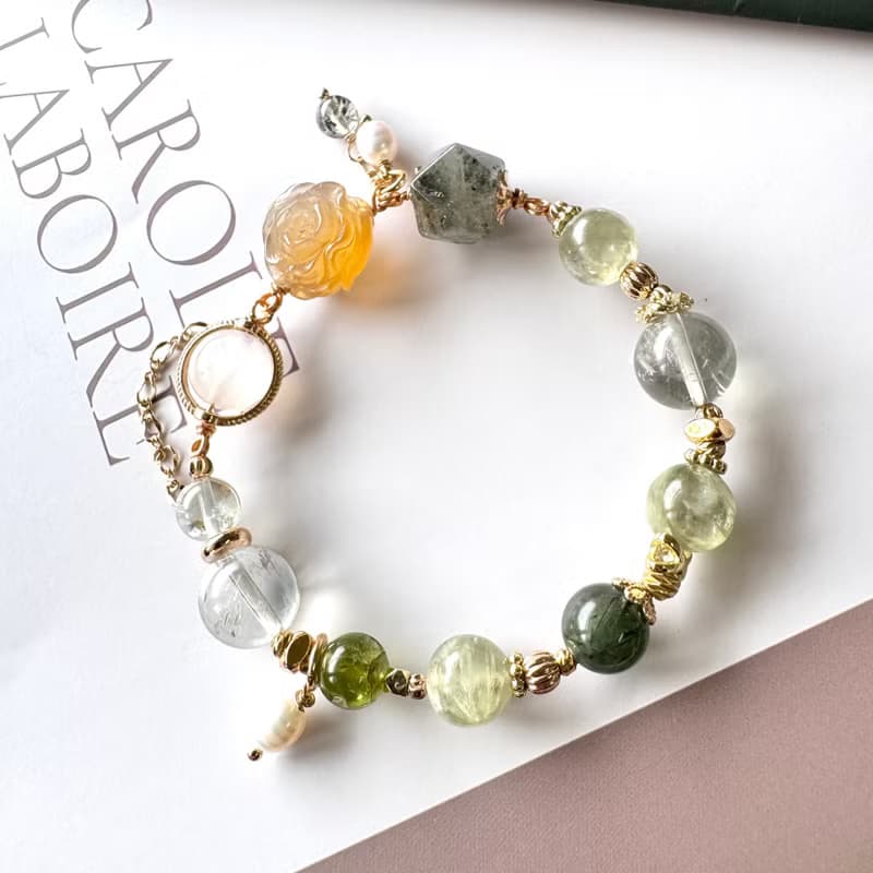 阿拉善玫瑰花設計 綠幽靈 橄欖石 綠祖母晶 月光石 招財助事業