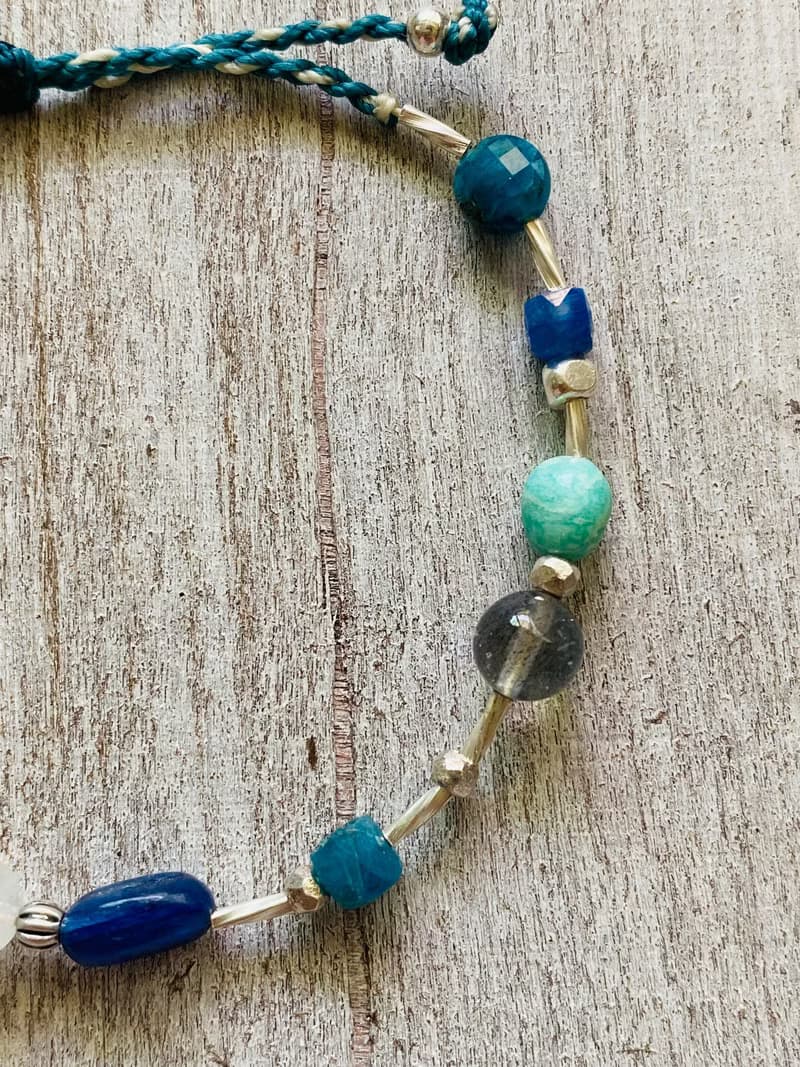 藍色溝通 藍晶藍磷灰灰月光天河石天然石純銀編織手鍊 腳鍊