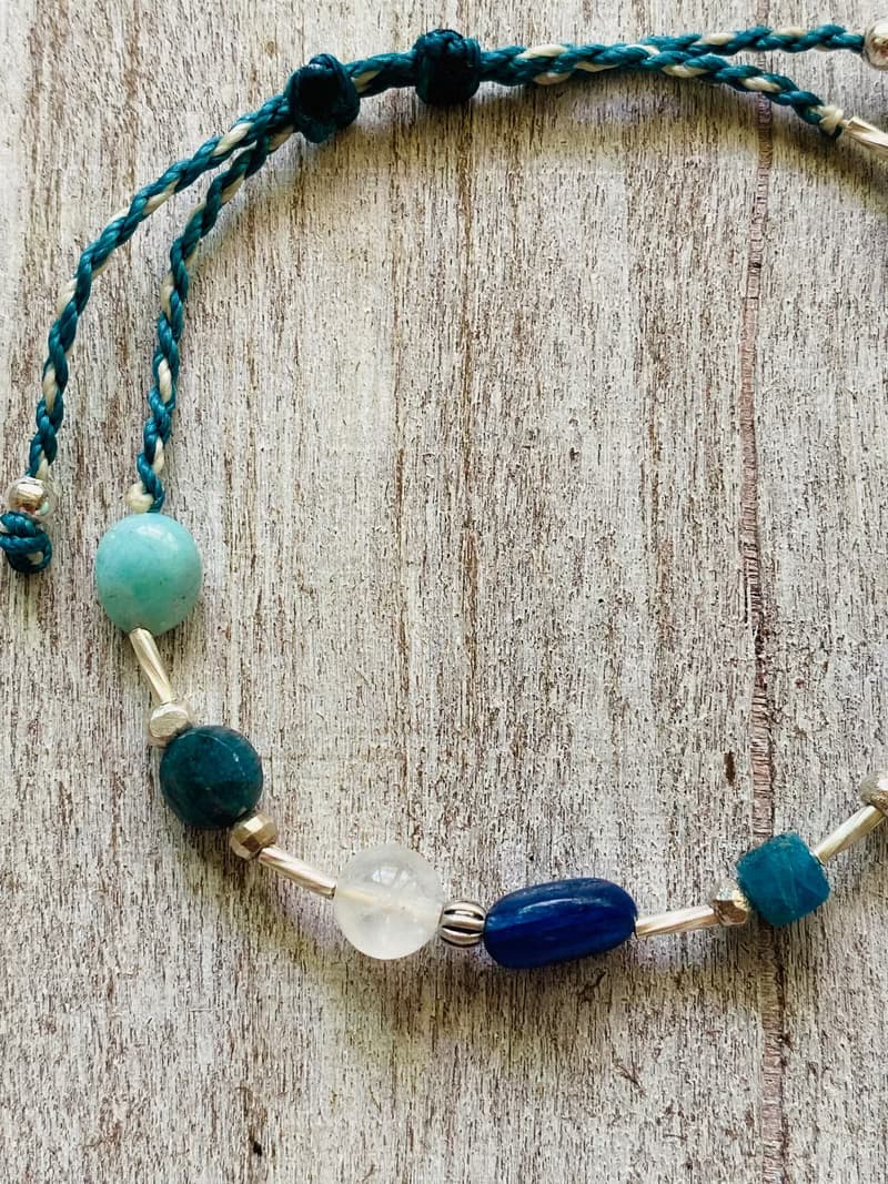 藍色溝通 藍晶藍磷灰灰月光天河石天然石純銀編織手鍊 腳鍊