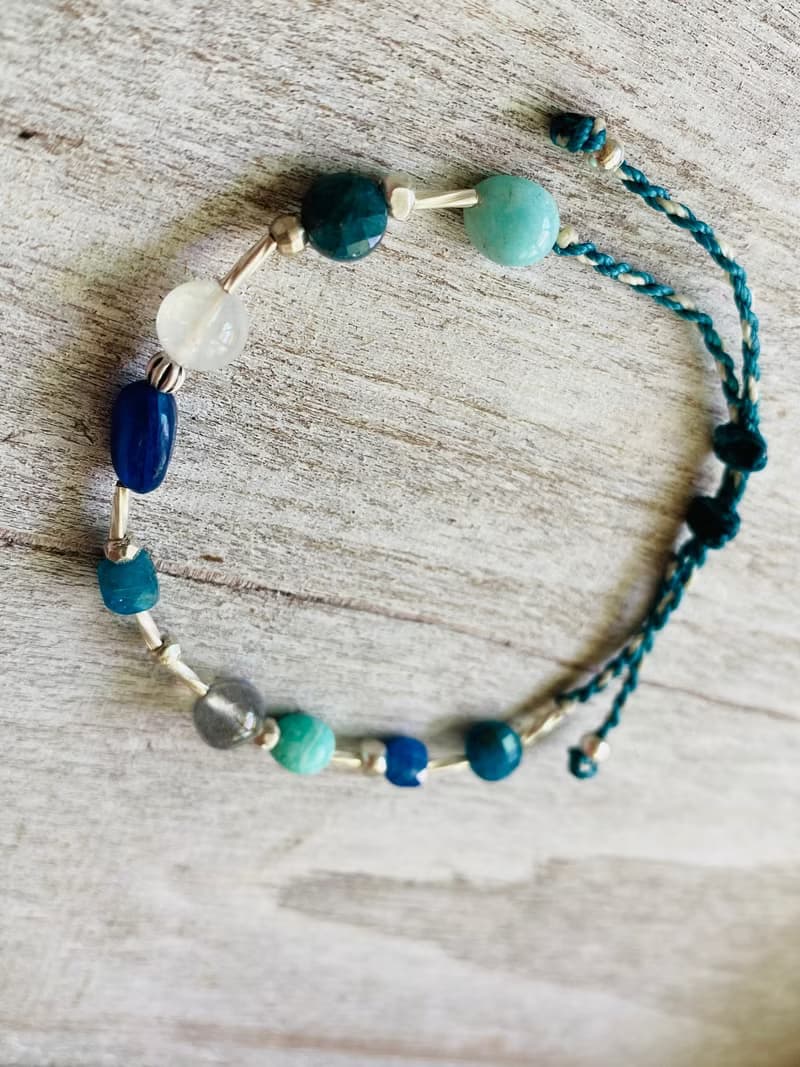 藍色溝通 藍晶藍磷灰灰月光天河石天然石純銀編織手鍊 腳鍊