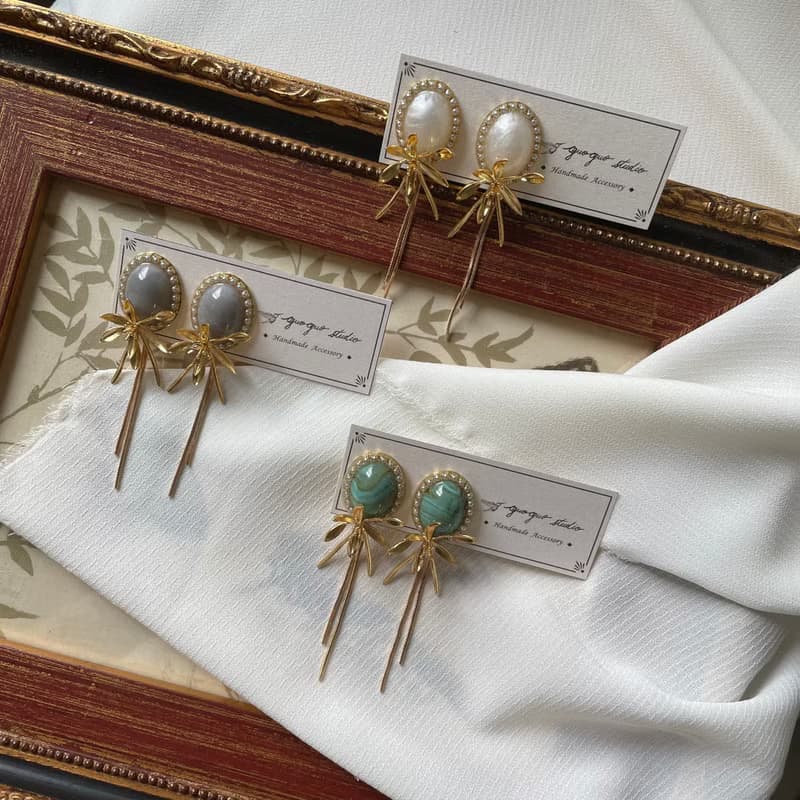 金色枝芽流蘇耳環 松石綠