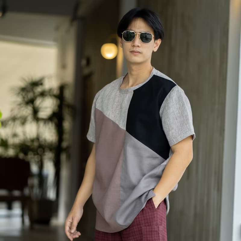 Blue & J Natural Linen Crew Neck Shirt Multi Colors Block- Grey/Black/Pale Brown