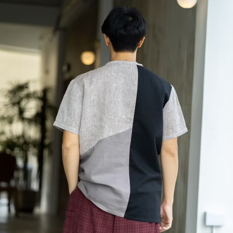 Blue & J Natural Linen Crew Neck Shirt Multi Colors Block- Grey/Black/Pale Brown