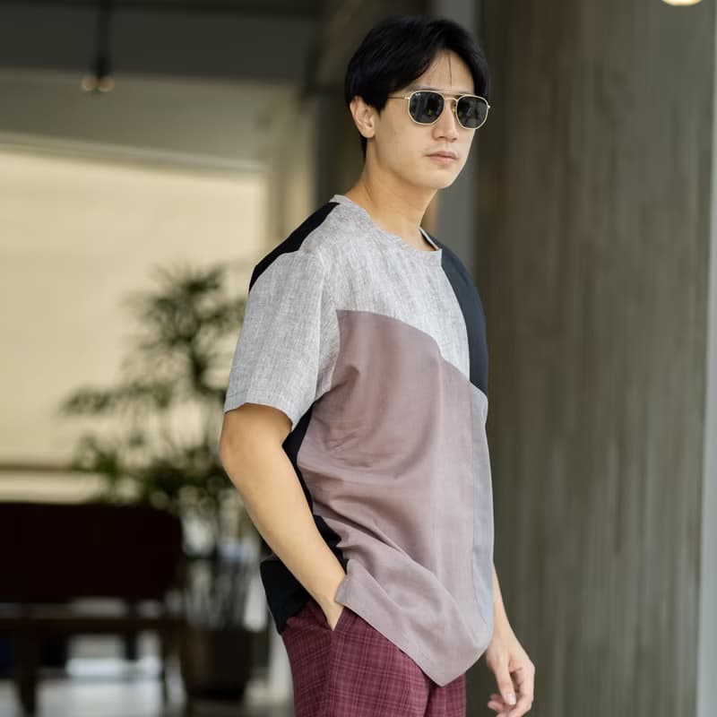 Blue & J Natural Linen Crew Neck Shirt Multi Colors Block- Grey/Black/Pale Brown