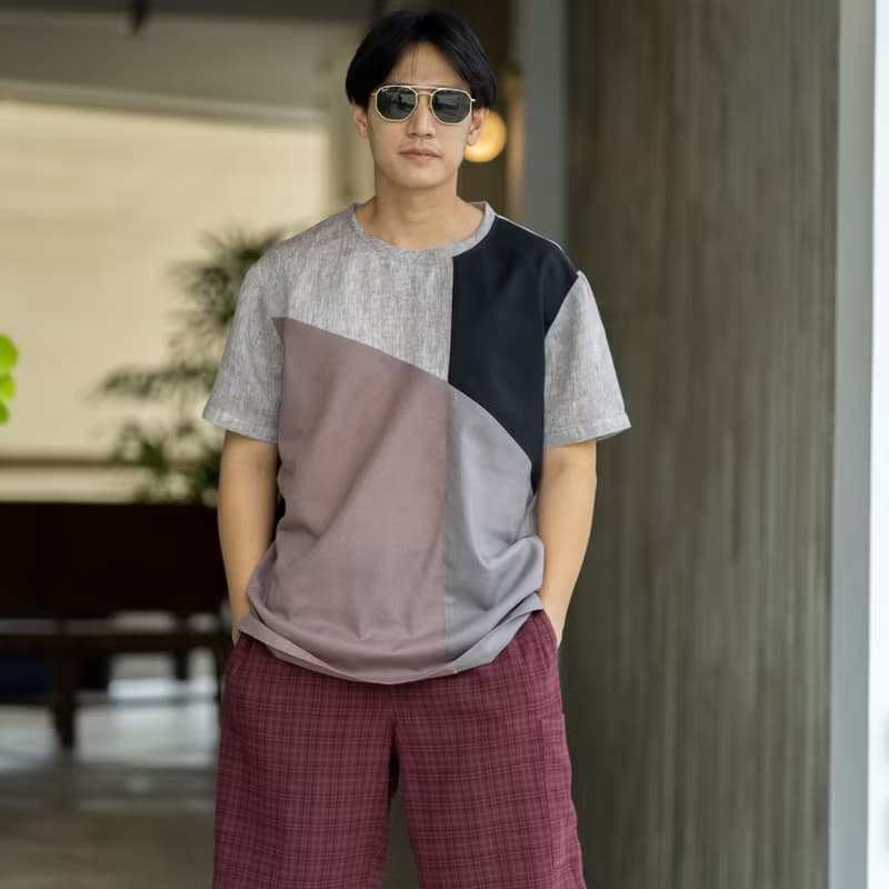 Blue & J Natural Linen Crew Neck Shirt Multi Colors Block- Grey/Black/Pale Brown