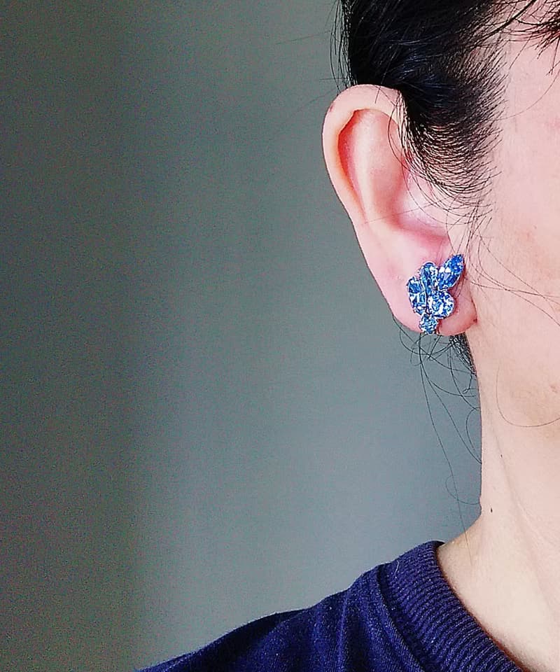 vintage jewelry  氣質佳人晶透藍色萊茵鑽 夾式耳環