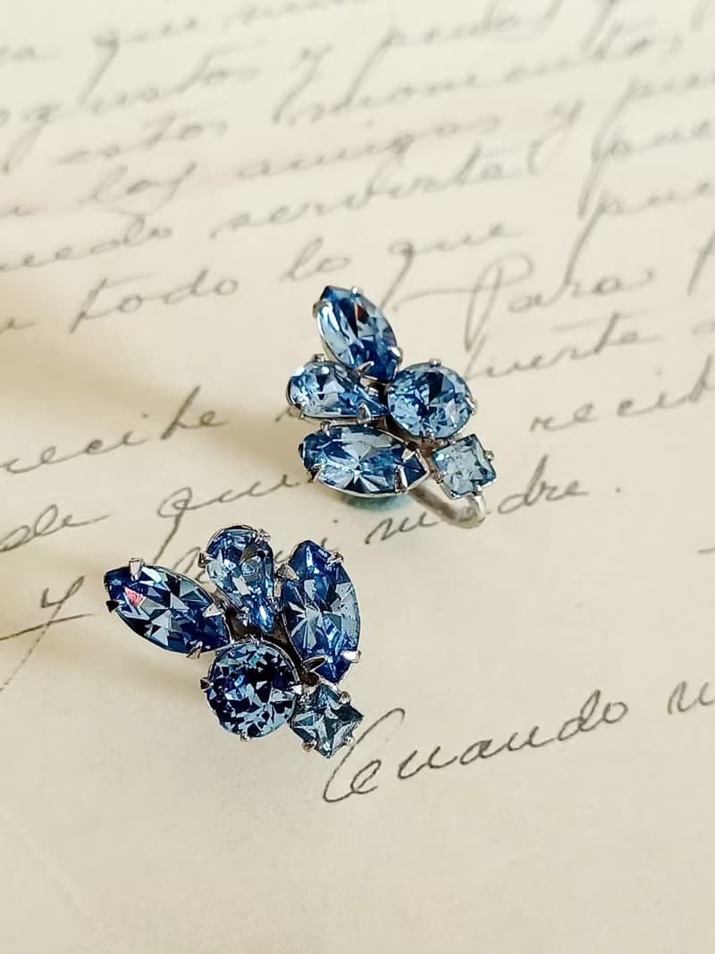 vintage jewelry  氣質佳人晶透藍色萊茵鑽 夾式耳環