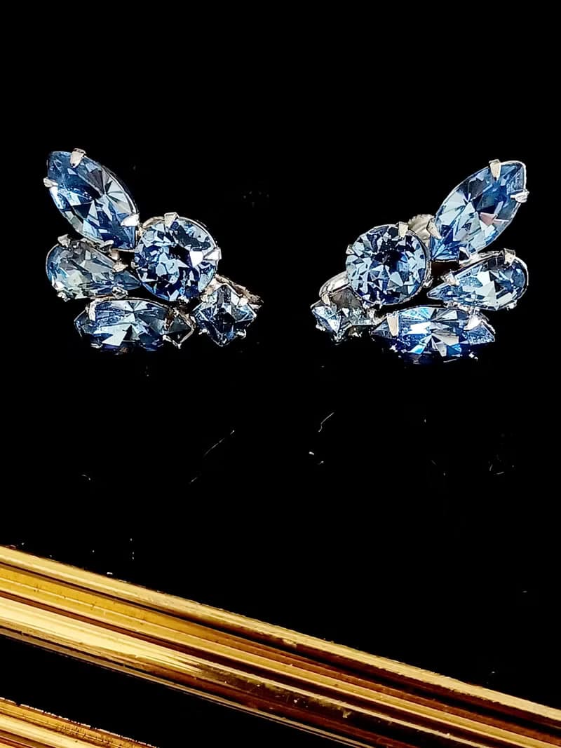 vintage jewelry  氣質佳人晶透藍色萊茵鑽 夾式耳環