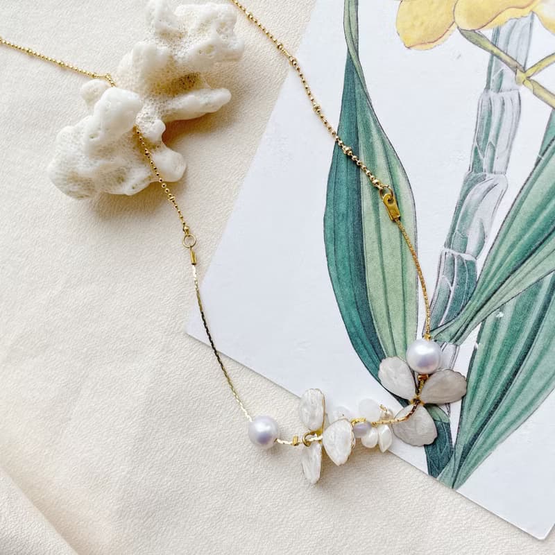 優雅溫柔系 珐瑯桐花項鍊   短鏈 淡水珍珠 情人節禮物