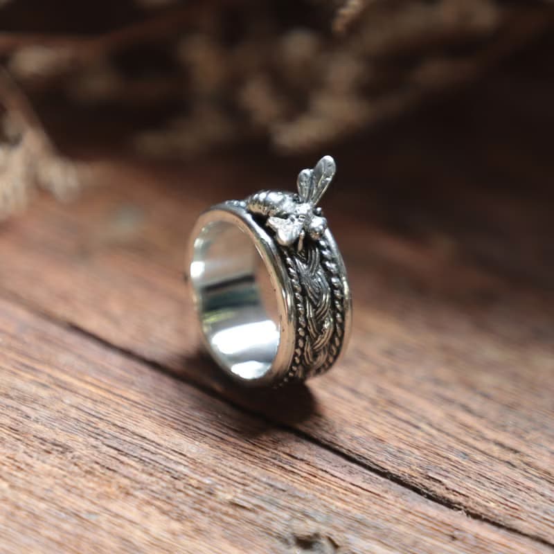 蜻蜓玫瑰戒指女士銀