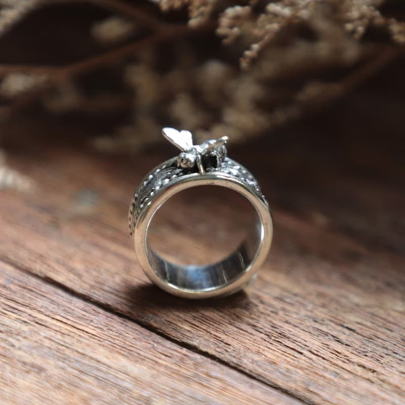 蜻蜓玫瑰戒指女士銀